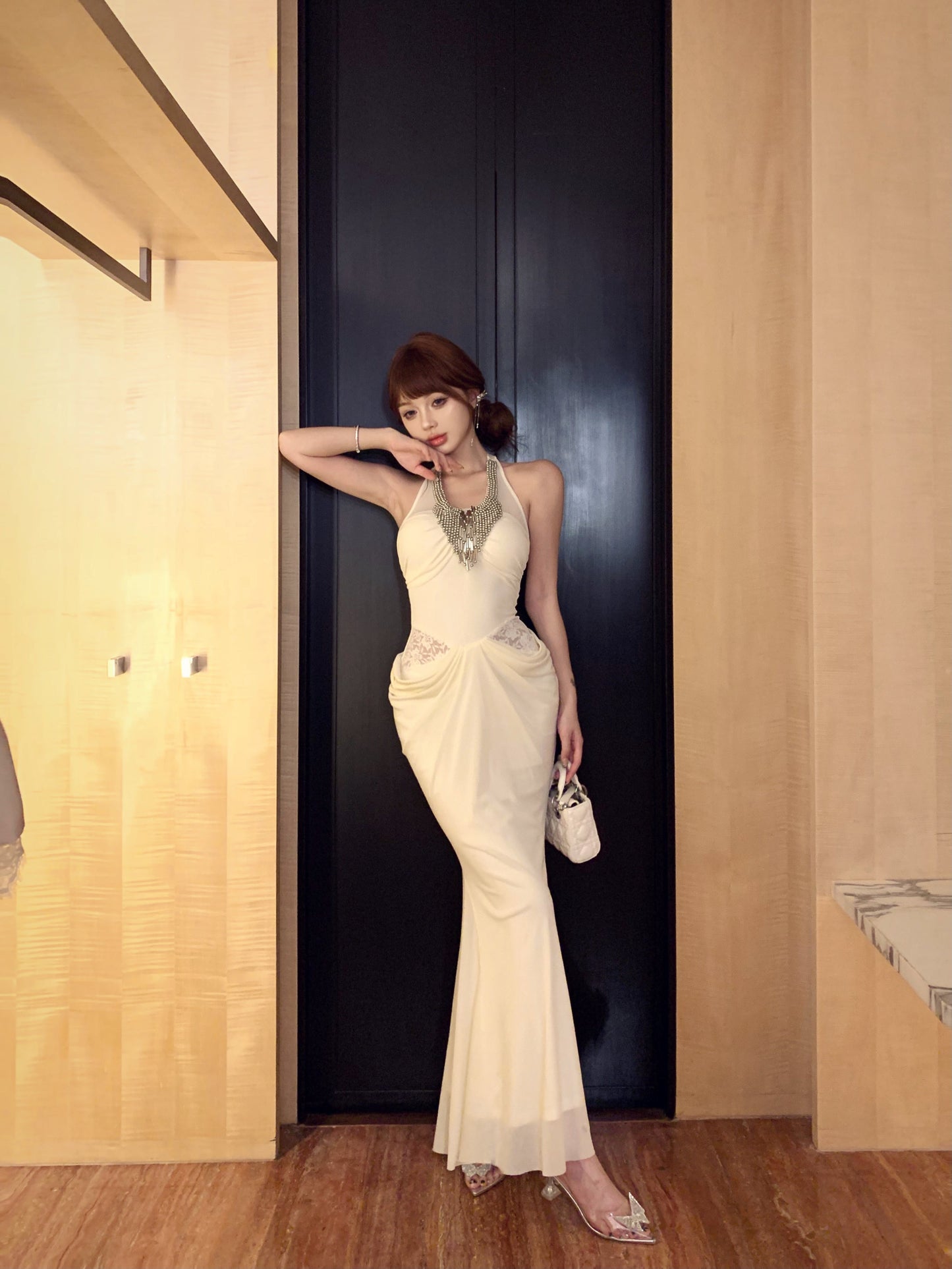 French lady style beaded halter neck dress ED0510