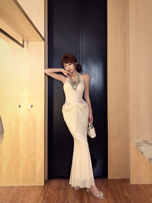 French lady style beaded halter neck dress ED0510