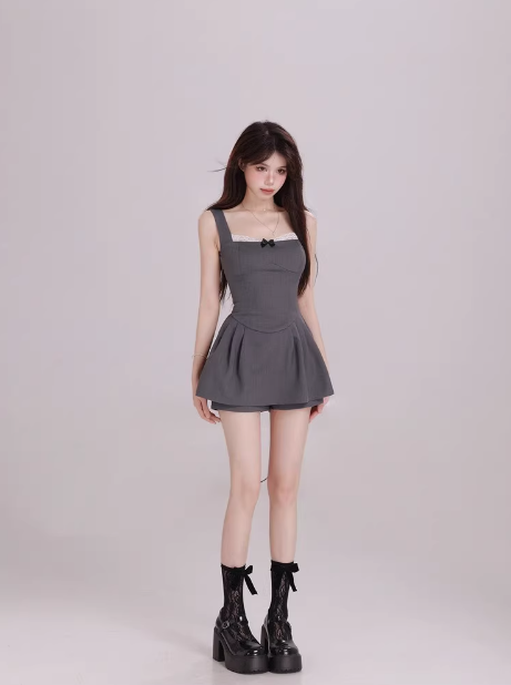 Two-piece sweet lace stitching suspender dress （Skirt + Pants）  ED0511