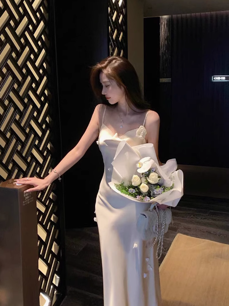 White floral silk fishtail suspender dress  ED0515