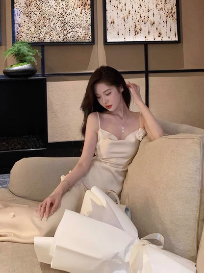 White floral silk fishtail suspender dress  ED0515