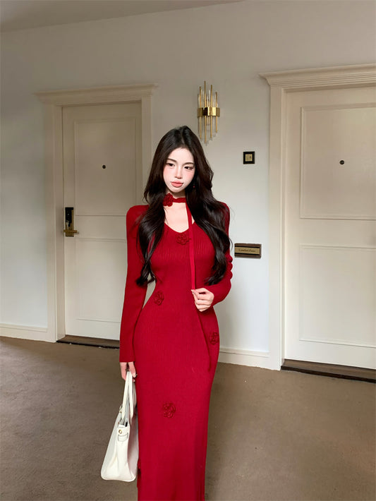 3D Flower V-Neck Long Sleeve Knitted Dress  ED0516