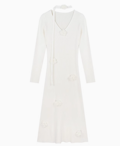 3D Flower V-Neck Long Sleeve Knitted Dress  ED0516