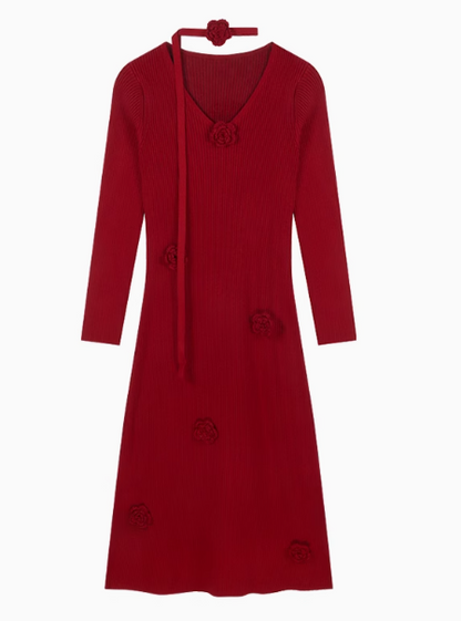 3D Flower V-Neck Long Sleeve Knitted Dress  ED0516
