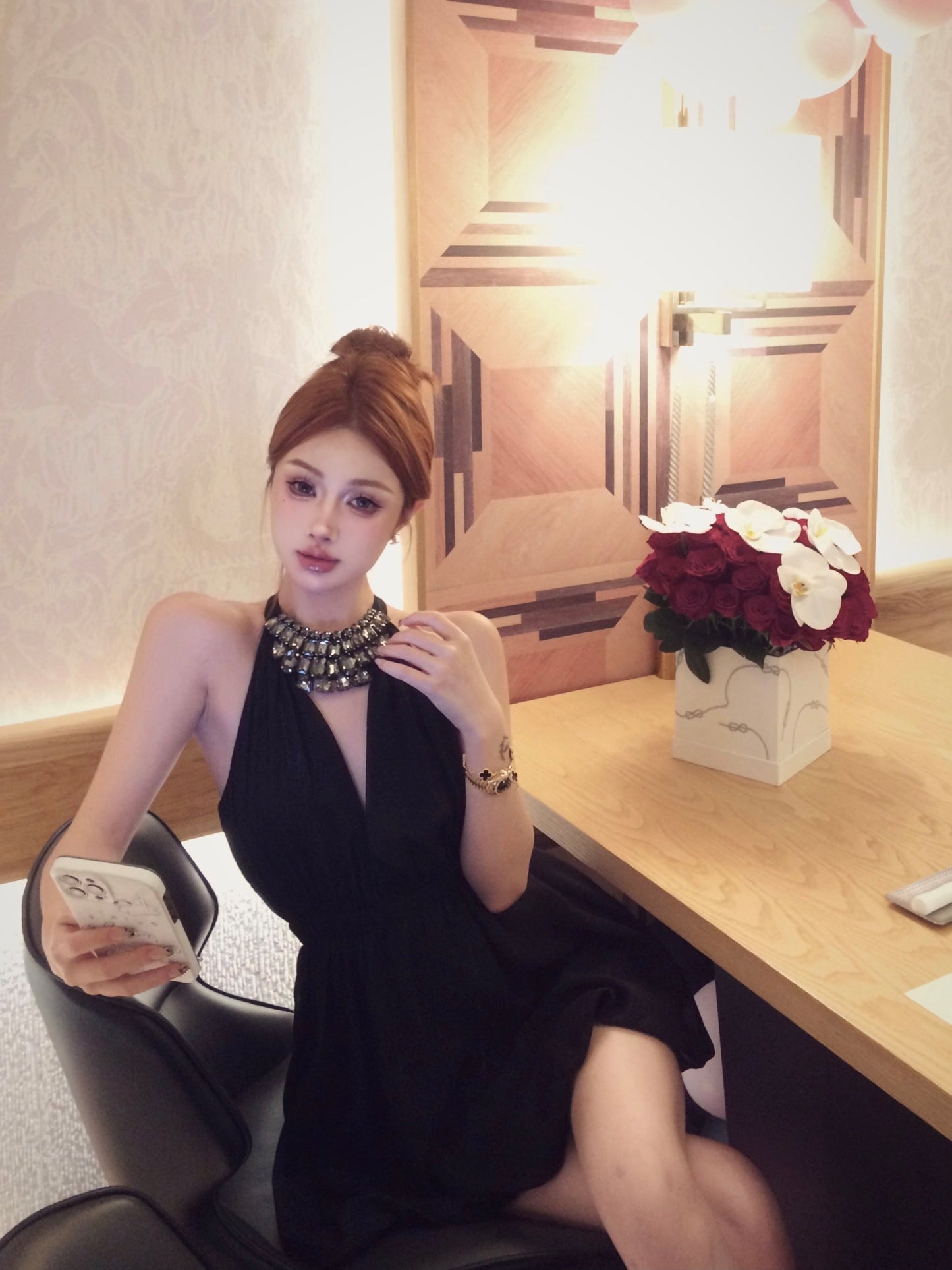 French diamond v-neck black halter dress birthday dress ED0517