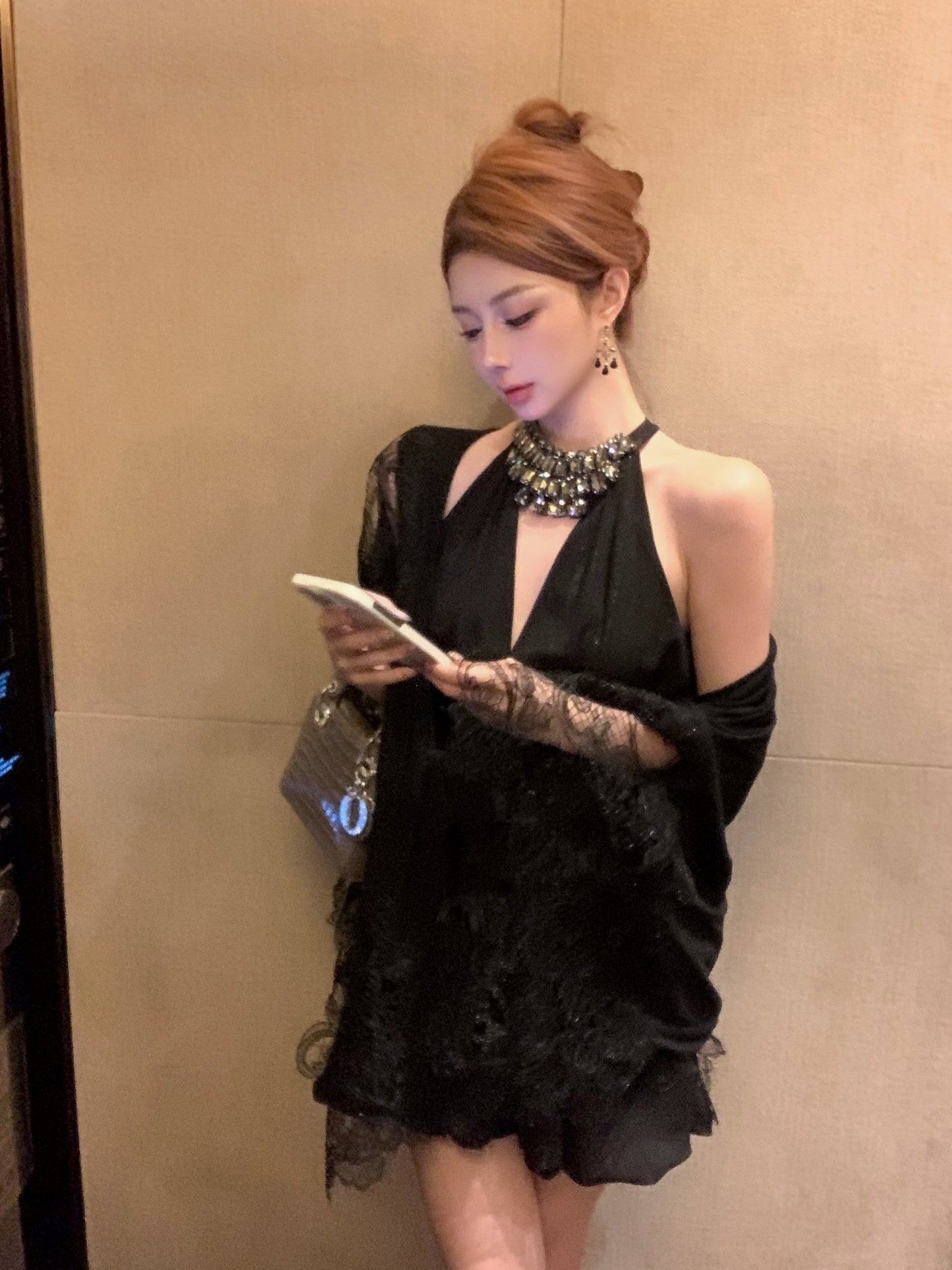 French diamond v-neck black halter dress birthday dress ED0517