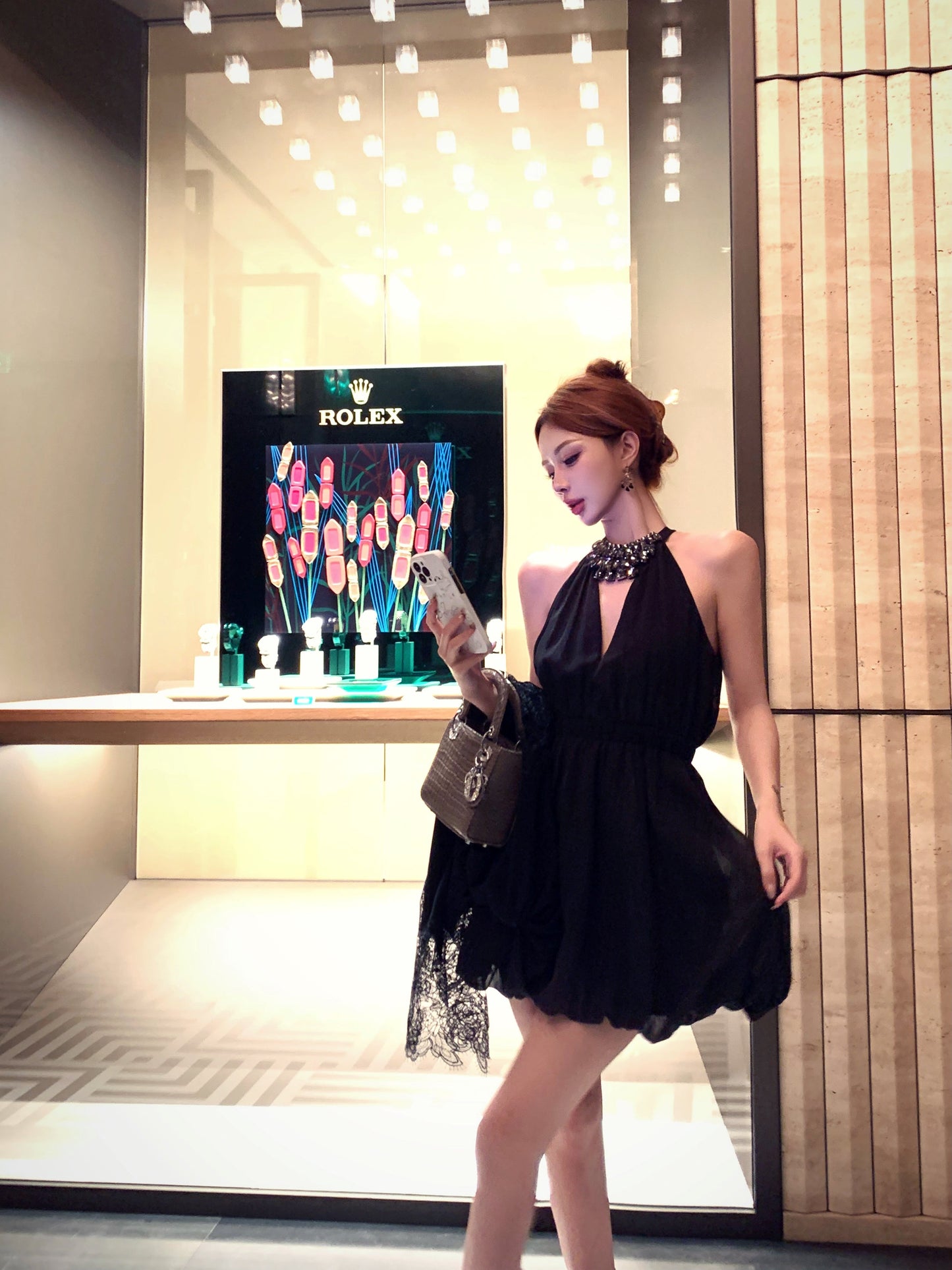 French diamond v-neck black halter dress birthday dress ED0517