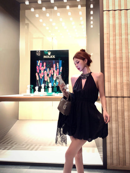 French diamond v-neck black halter dress birthday dress ED0517