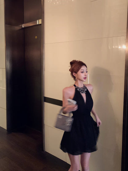 French diamond v-neck black halter dress birthday dress ED0517