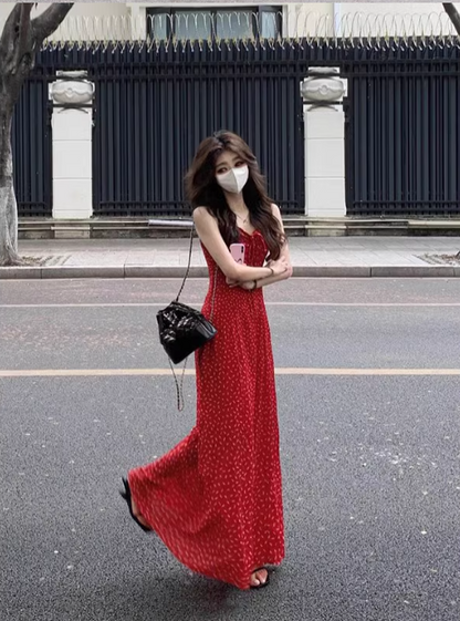 Gentle holiday style red strappy suspender floral dress ED0518