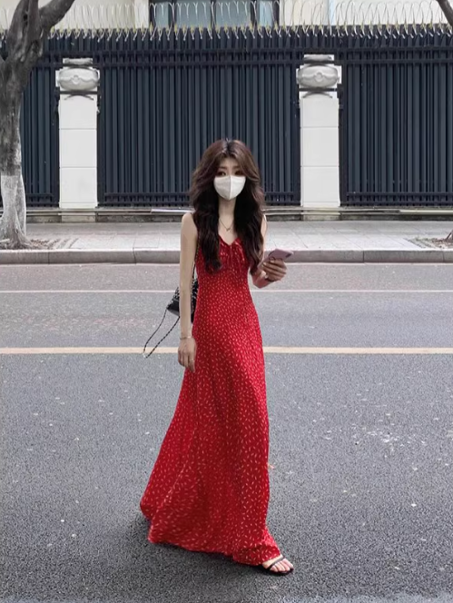 Gentle holiday style red strappy suspender floral dress ED0518