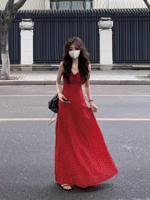 Gentle holiday style red strappy suspender floral dress ED0518