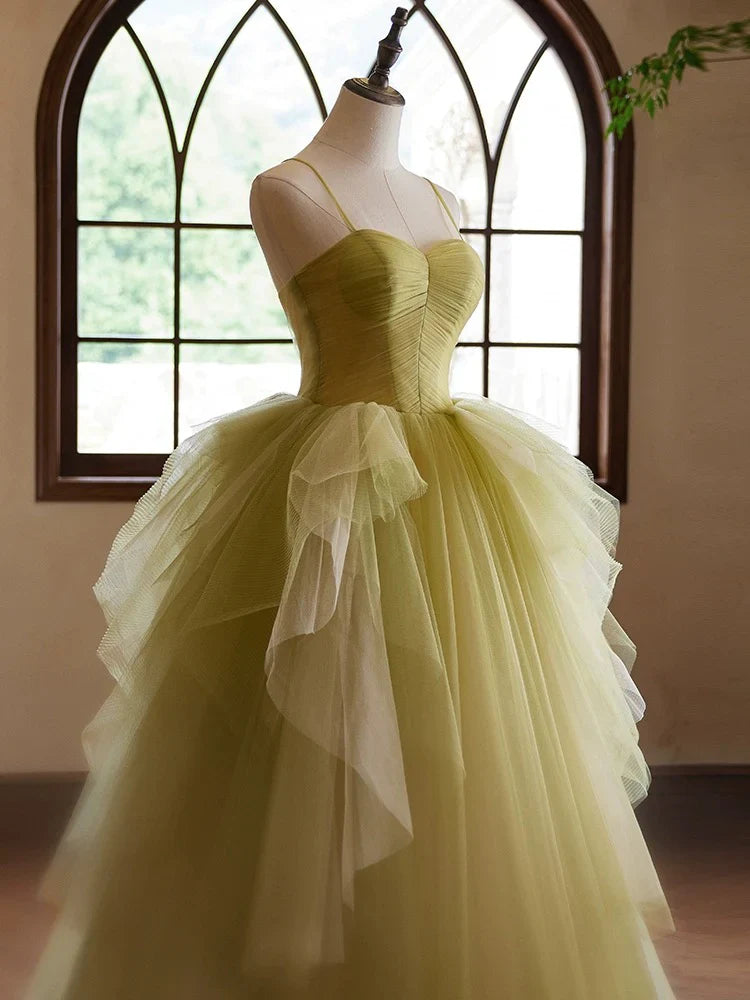 A-Line Green Sweetheart Neck Tulle Long Prom Dress, Green Evening Dress  ED052