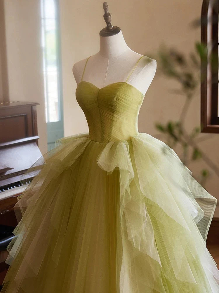 A-Line Green Sweetheart Neck Tulle Long Prom Dress, Green Evening Dress  ED052