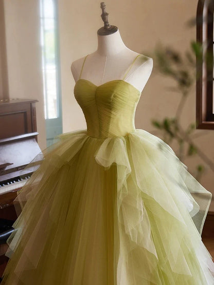 A-Line Green Sweetheart Neck Tulle Long Prom Dress, Green Evening Dress  ED052