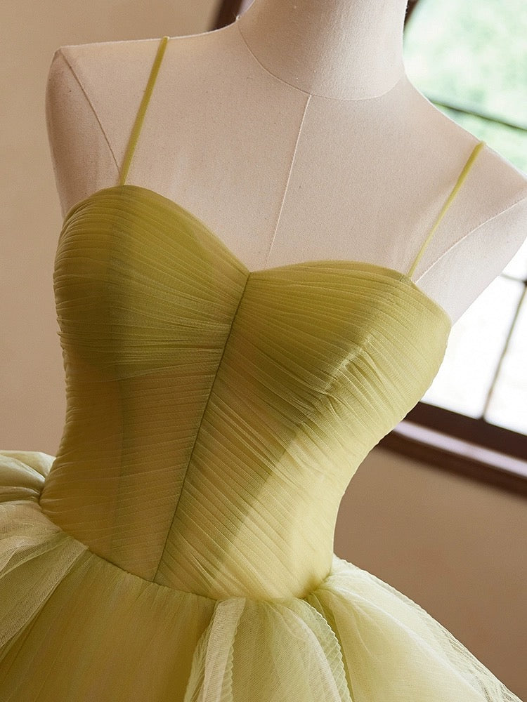 A-Line Green Sweetheart Neck Tulle Long Prom Dress, Green Evening Dress  ED052