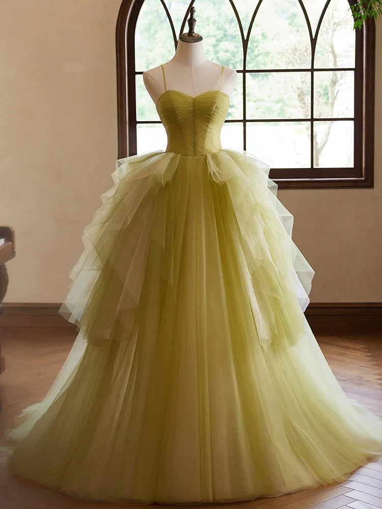 A-Line Green Sweetheart Neck Tulle Long Prom Dress, Green Evening Dress  ED052