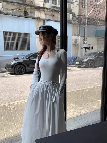 French halterneck long-sleeved knitted patchwork dress ED0520