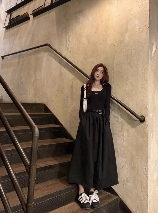 French halterneck long-sleeved knitted patchwork dress ED0520