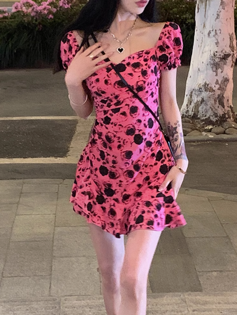 French retro sweet backless pink floral dress ED0521