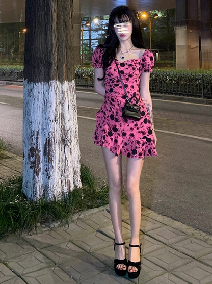 French retro sweet backless pink floral dress ED0521