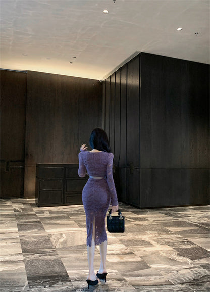 Purple V-neck lace high waist long sleeve dress ED0522