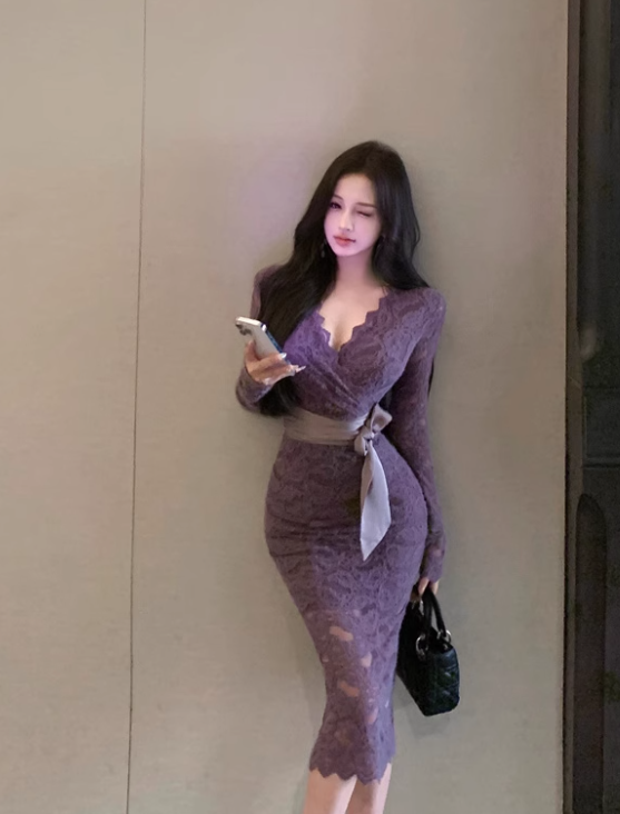 Purple V-neck lace high waist long sleeve dress ED0522