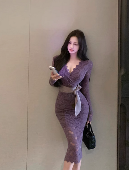 Purple V-neck lace high waist long sleeve dress ED0522
