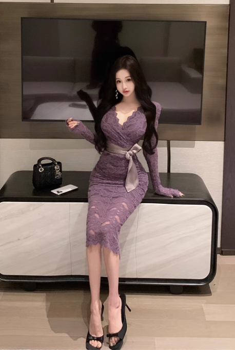 Purple V-neck lace high waist long sleeve dress ED0522