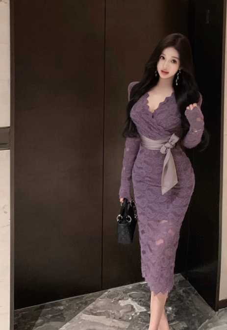 Purple V-neck lace high waist long sleeve dress ED0522