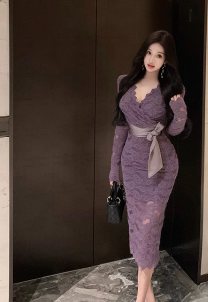 Purple V-neck lace high waist long sleeve dress ED0522
