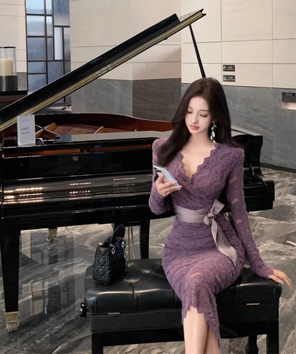 Purple V-neck lace high waist long sleeve dress ED0522