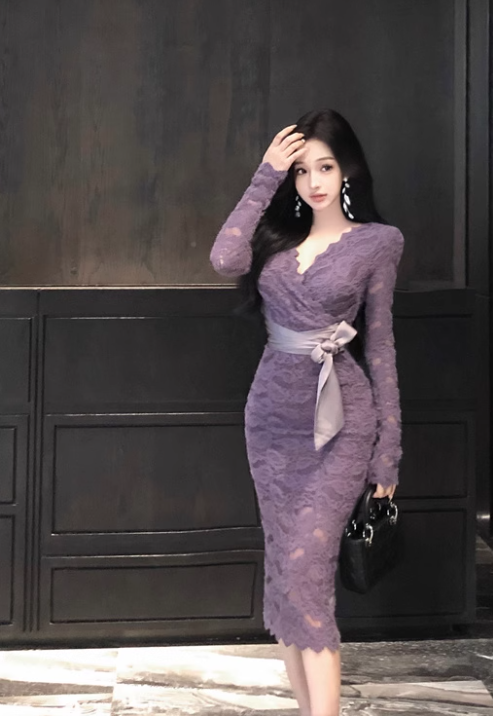 Purple V-neck lace high waist long sleeve dress ED0522
