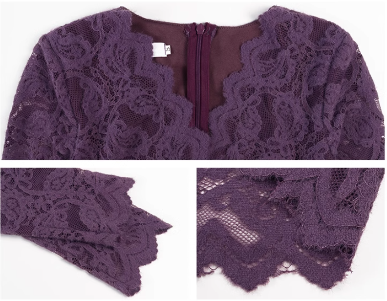 Purple V-neck lace high waist long sleeve dress ED0522