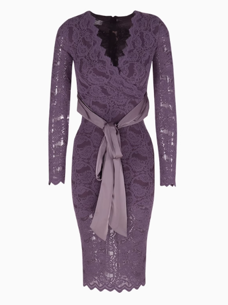 Purple V-neck lace high waist long sleeve dress ED0522