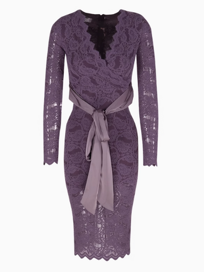 Purple V-neck lace high waist long sleeve dress ED0522