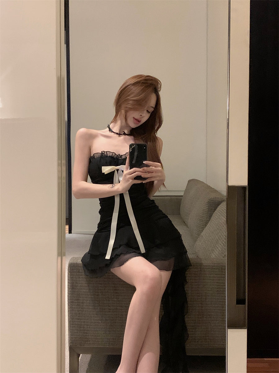 Black A-line bow sleeveless tube top dress birthday dress ED0523