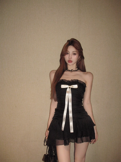 Black A-line bow sleeveless tube top dress birthday dress ED0523