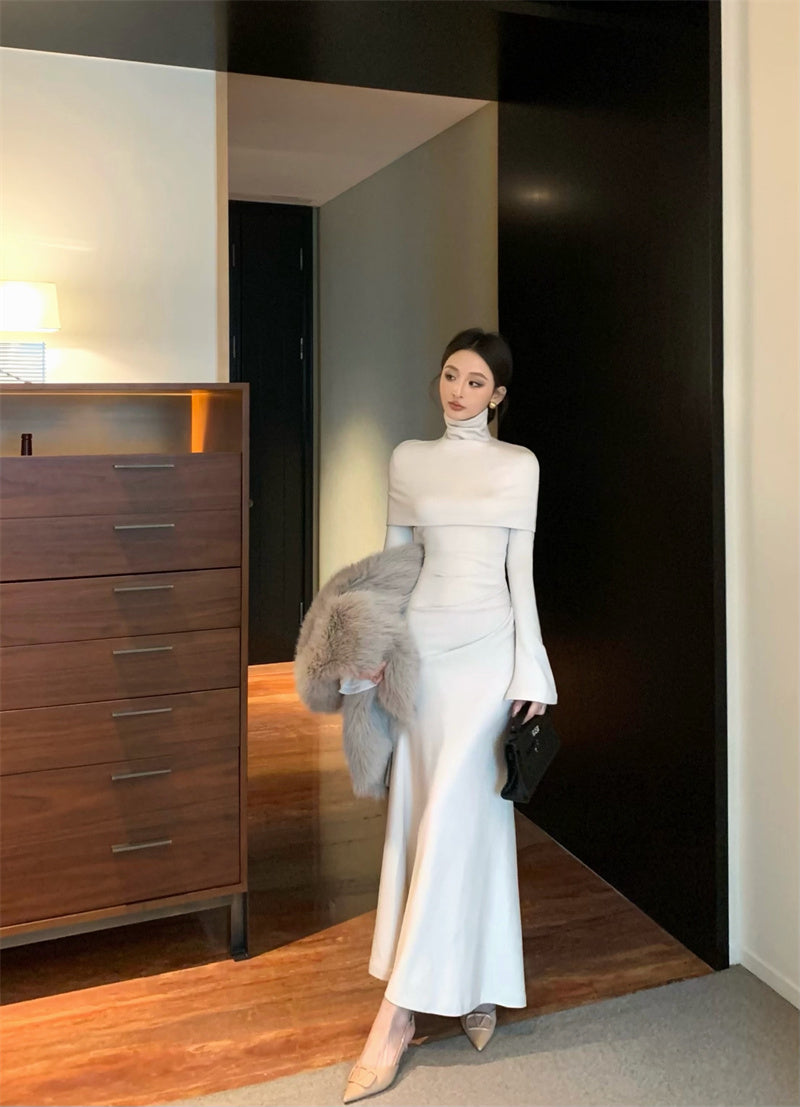 Temperament trumpet sleeve high collar dress + neck cape ED0524