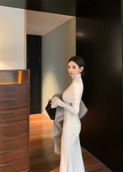 Temperament trumpet sleeve high collar dress + neck cape ED0524