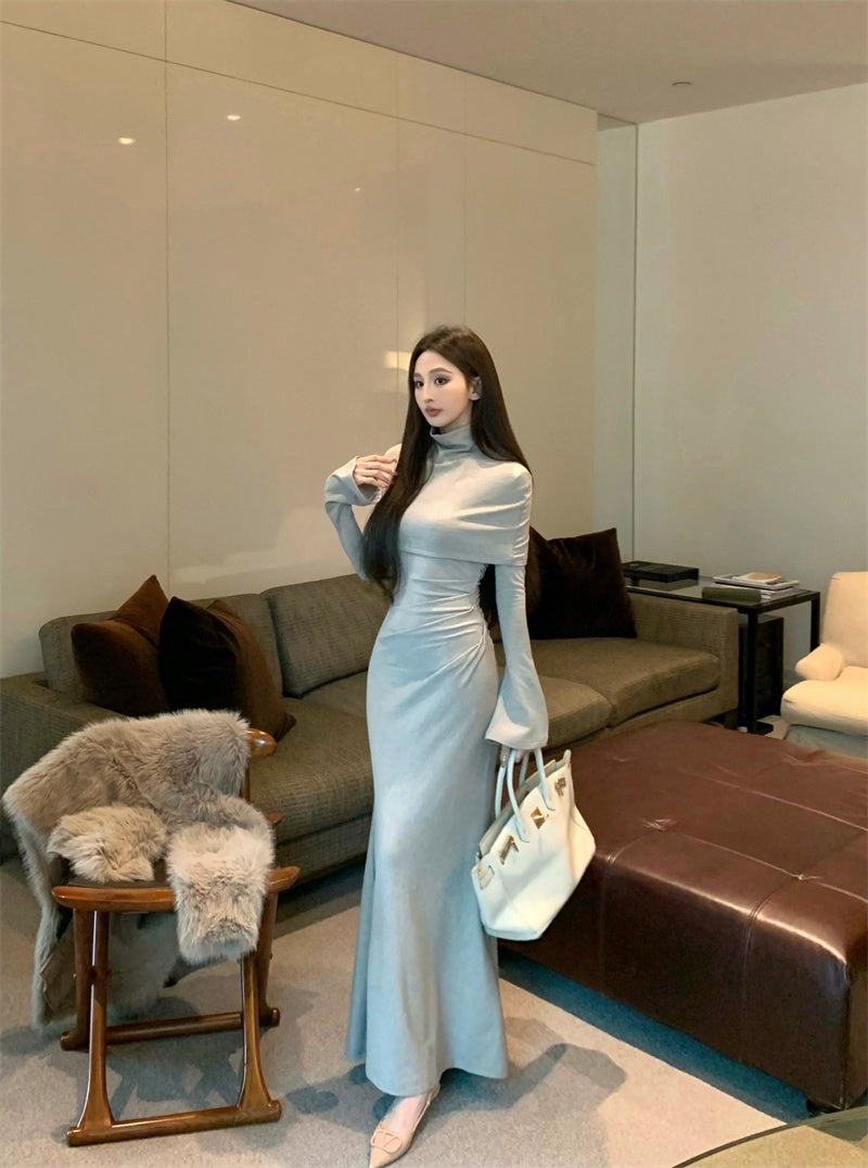 Temperament trumpet sleeve high collar dress + neck cape ED0524