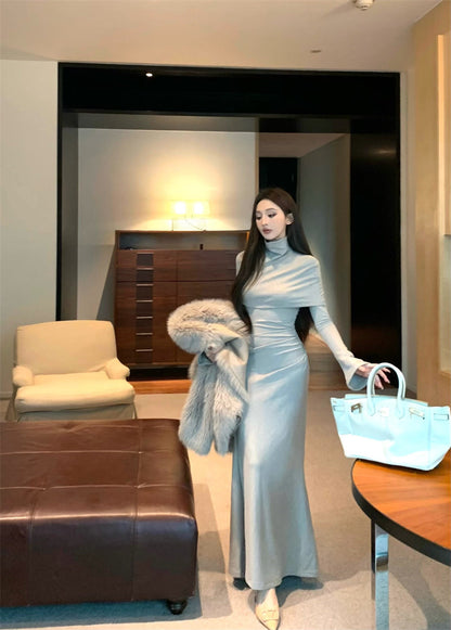 Temperament trumpet sleeve high collar dress + neck cape ED0524