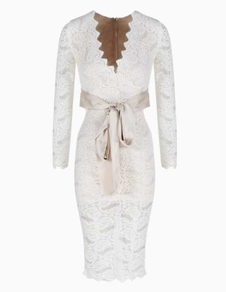 Apricot V-neck lace high waist long sleeve dress ED0525