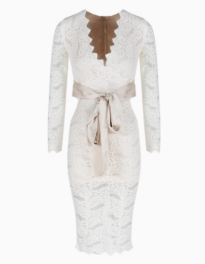 Apricot V-neck lace high waist long sleeve dress ED0525