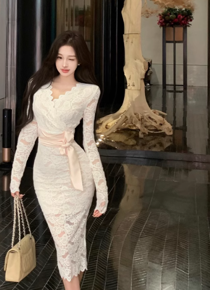 Apricot V-neck lace high waist long sleeve dress ED0525