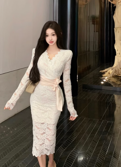 Apricot V-neck lace high waist long sleeve dress ED0525