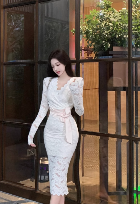 Apricot V-neck lace high waist long sleeve dress ED0525