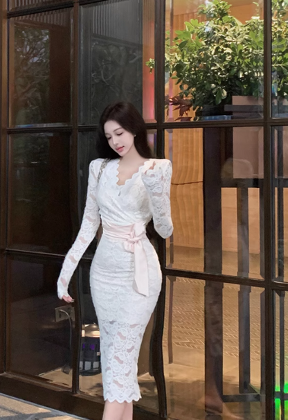 Apricot V-neck lace high waist long sleeve dress ED0525