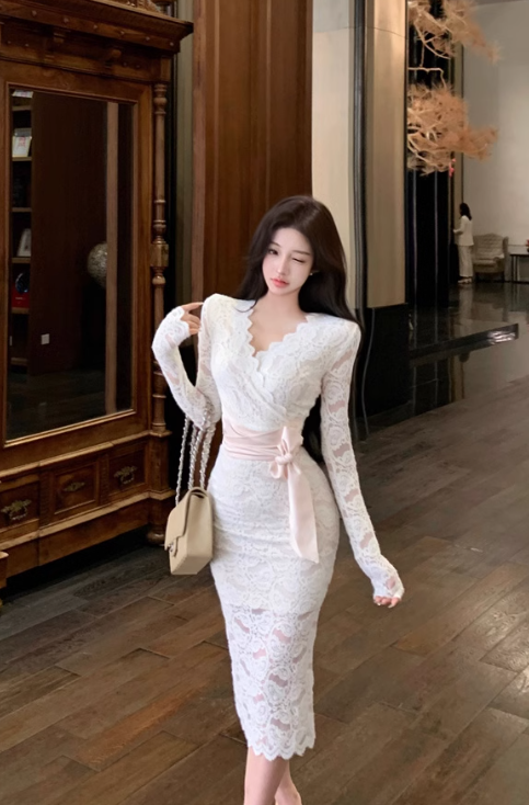 Apricot V-neck lace high waist long sleeve dress ED0525