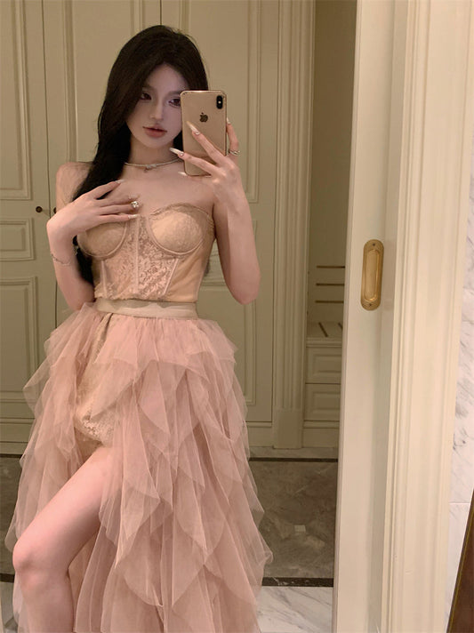 French heavy mesh lace tube top irregular slit dress ED0526